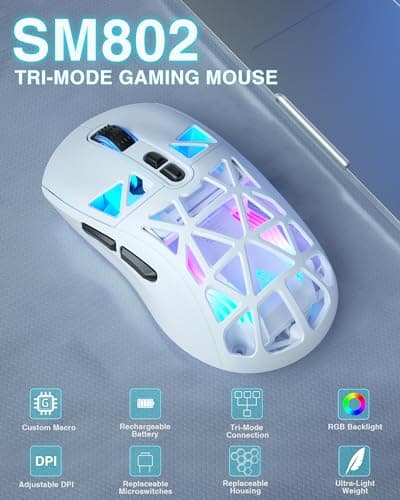 SM802 White Wireless Gaming Mouse,10000 DPI,Tri-Mode Wired/BT 5.0/2.4GHz Wireless Mouse Gaming with Side Button,RGB Programmable Macro Mouse for Laptop