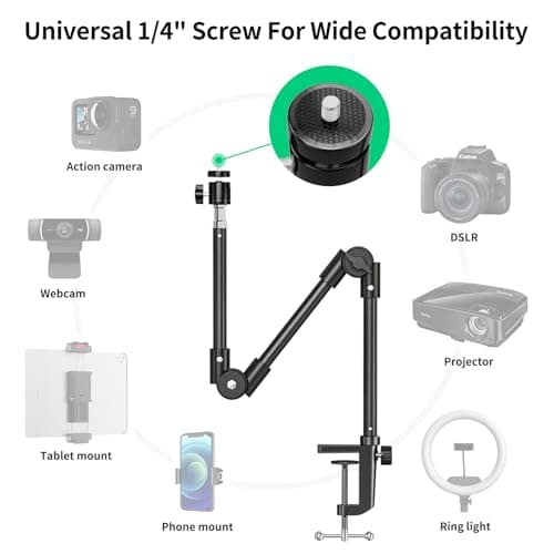 Webcam Stand Camera Mount with Phone Holder & 5/8" Screw, 22in Flexible Projector Stand Gooseneck Desk Mic Stand for Logitech C922 C930e C920 C615 C960 Brio 4K, GoPro, Blue Yeti Snowball Ice