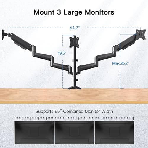 HUANUO Triple Monitor Mount for 17 to 32 inch Screens, Gas Springs Adjustment Triple Monitor Stand with Swivel, Tilt, Rotation, Clamp & Grommet Kit (Black)