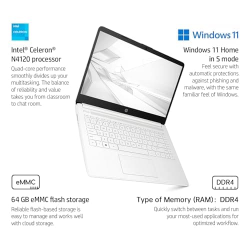 HP 14" HD Student Business Laptop, Intel Quad-Core N4120, 16GB RAM, 320GB Storage, (64GB eMMC+256GB SD Card), 1 Year Office 365, Slim Design, Webcam, HDMI, Bluetooth, WiFi, Win 11 S, White