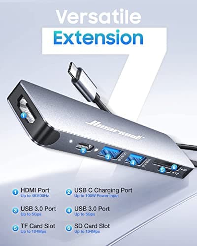 Hiearcool USB C Hub, USB-C Multi-Port Adapter for MacBook Pro, 7IN1 USBC to HDMI Hub Dongle Compatible for Laptops and Other Type C Devices (4K HDMI USB3.0 SD/TF Card Reader 100W PD)