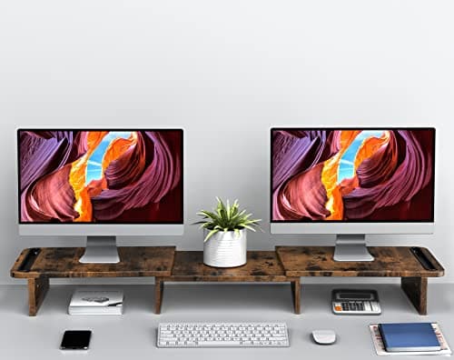 Zimilar Dual Monitor Stand Riser, Monitor Stand with Adjustable Length and Angle, Wood Monitor stand for desk, Monitor Riser for 2 monitors with Storage Space(Rust Brown Large)