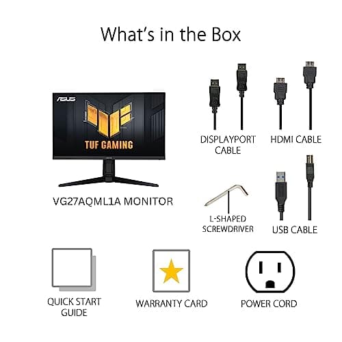 ASUS TUF Gaming 27” 1440P Gaming Monitor (VG27AQML1A) - QHD (2560 x 1440), 260Hz, 1ms, Fast IPS, Extreme Low Motion Blur Sync, G-SYNC compatible, FreeSync Premium, Variable Overdrive, DisplayHDR 40