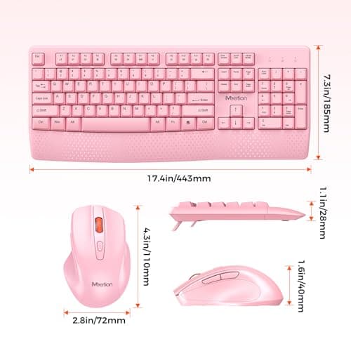 MEETION Wireless Keyboard and Mouse, Full-Sized Cordless Keyboard with Wrist Rest and 3 DPI Adjustable Mouse, 2.4G Wireless, Compatible with PC/Computer/Laptop/Windows/Mac, Pink