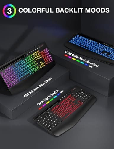Wireless Keyboard and Mouse Combo, 9 Backlit Effects, Wrist Rest, Phone Holder, 2.4G Lag-Free Ergonomic Keyboards, Rechargeable Silent Cordless Set for Computer, Laptop, PC, Mac, Windows -SABLUTE
