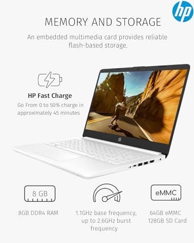 HP 14 inch Laptop Computer,Thin Lightweight 14 Laptop College Students,Intel Notebook Computer PC,8GB RAM 64GB eMMC+128GB SD Card,Windows 11 Laptop Microsoft Office 1Y,Camera,Long BatteryLife,White