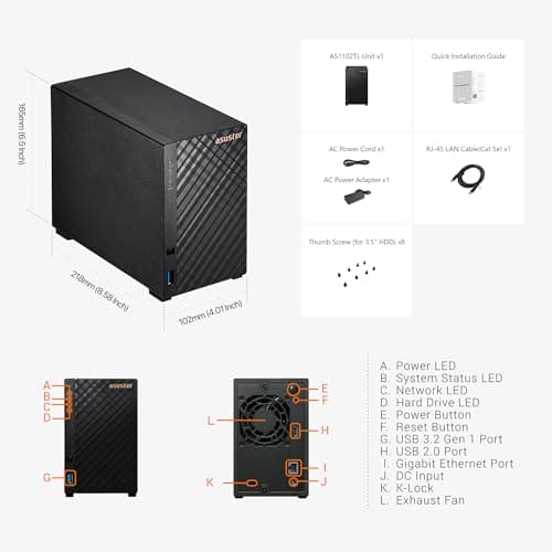 Asustor Drivestor 2 Lite AS1102TL, 2 Bay NAS Enclosure Network Storage, 1.7GHz Quad Core, 1GbE Port, 1GB RAM DDR4, Network Attached Storage for Cloud Storage (Diskless)