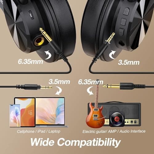 OneOdio A70 Bluetooth Over Ear Headphones, Wireless Headphones with 72H Playtime, Hi-Res, Built-in Mic, 3.5mm/6.35mm Wired Audio Jack for Studio Monitor & Mixing DJ Guitar AMP, Computer Laptop PC