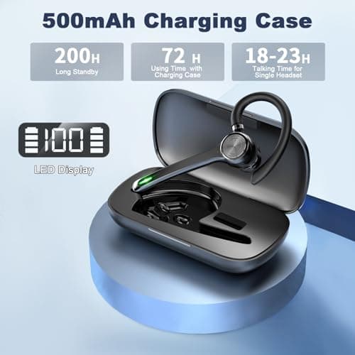 Bluetooth Headset, Wireless Bluetooth Earpiece with 500mAh Charging Case 72 Hours Talking Time Built-in Microphone for iOS Android Cell Phone, V5.1 Hand-Free Headphones for Trucker, Office-Dark