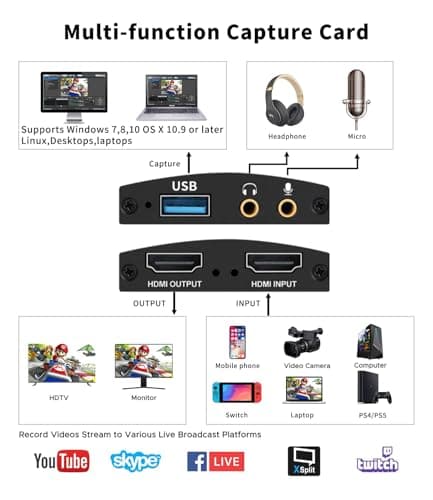 Capture Card for Streaming, HDMI to USB3.0 1080P 60FPS Audio Video Adapter, with 4K HDMI Loop-Out, for Recording/Streaming, Compatible with Nintendo Switch/Xbox/PS5/OBS/Camera/PC/Laptop