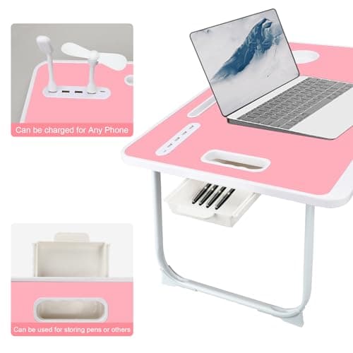 Laptop Bed Table, Laptop Desk for Bed, Foldable Laptop Bed Desk with USB Charge Port, Handle, Desktop Card Slot, Cup Slot, Side Drawer, Portable Laptop Table for Eating Reading Working