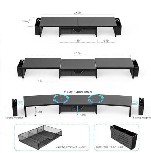 gianotter Dual Monitor Stand Riser, Desk Organizer With Drawer and 2 Pen Holders, Computer Monitor Stand, Desk Shelf for Top of Desk, Balck