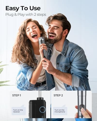 Wireless Microphone, Dual Handheld Dynamic Mic with Rechargeable Receiver, 40H Duration, 200ft Range, Plug and Play, Karaoke Microphone for Singing, Karaoke, Meeting, Church, Wedding