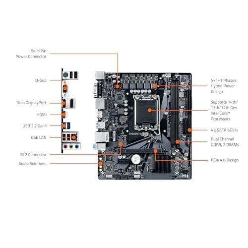 GIGABYTE H610M S2H V2 Motherboard, Supports 14th/13th/12th Gen Intel Core Processors (LGA 1700), mATX, DDR5, 1x M.2, PCIe 4.0, USB-C, HDMI, 2X DisplayPort, D-Sub, 1GbE LAN