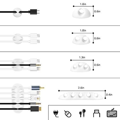 White Cable Management Organizer Kit, 2 Wire Sleeve Protector, 41 Self Adhesive Cable Clips Holder, 10pcs+2 Roll Reusable Cable Ties and 100 Cable Zip Ties for TV Computer Cord Tidy Under Desk