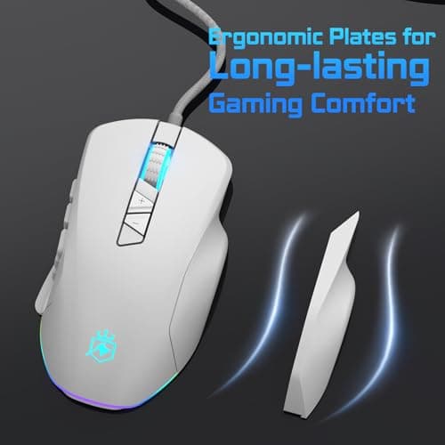 Wired Gaming Mouse with Side Plates, MMO Mouse with 14 Programmable Buttons, Ergonomic Gaming Mouse with 2 Grip Plates, Computer Mouse with Max 12,400 DPI, RGB Lighting, White