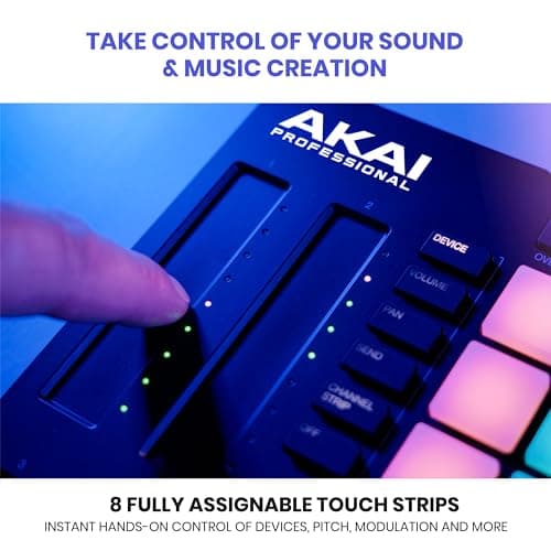 AKAI Professional APC64 Ableton MIDI Controller with 8 Touch Strips, Step Sequencer, 64 RGB Velocity-Sensitive Pads, CV Gates, MIDI In & Out, USB-C