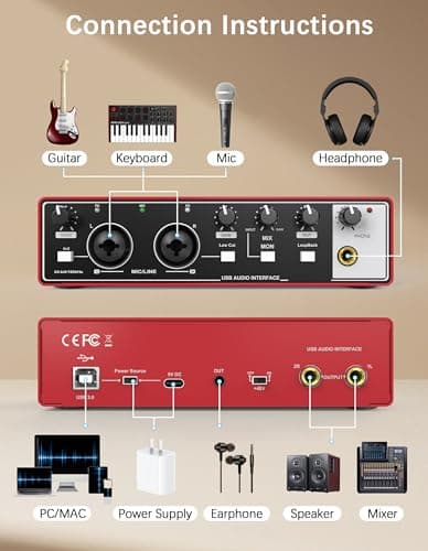 HOSONGIN 2i2 USB Audio Interface for Beginners - 24Bit/192kHz, 48V Phantom Power, Plug & Play Recording for Podcast/Vocals/Guitar/Youtube, PC/Mac/iOS Compatible (Red Metal)