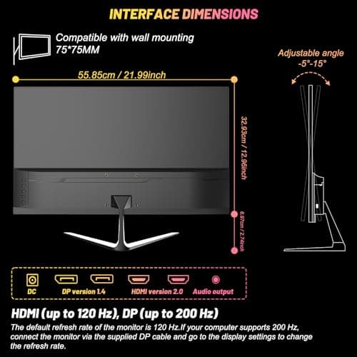 LXZ Gaming Monitor 24.5 inch, 200hz Monitor FHD 1080P Frameless IPS Display with Eye Care, DP/HDMI, Wall Mount Compatible - Black