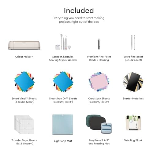 Cricut Maker 4 - Smart Cutting Machine (Seashell) | Engagement Plus Bundle - Includes EasyPress 3 Heat Press (9x9) + Mat, Tote Bag, Material Samplers, Machine Mat, Pens, Tools, & 25 Digital Images
