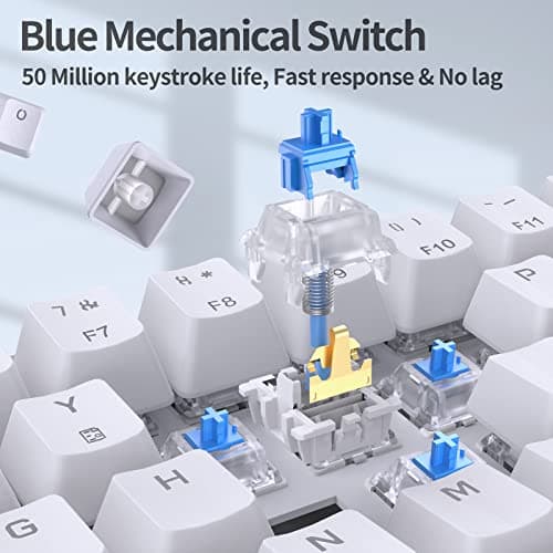 TMKB T68SE 60% Mechanical Gaming Keyboard – Ultra-Compact 68 Keys Wired Keyboard with Blue Switches, LED Backlit, Dedicated Arrow & Control Keys – White – for Windows PC/Laptop/Gamers/Typists