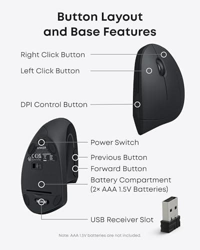 Anker 2.4G Wireless Vertical Ergonomic Optical Mouse for Work, Multi-Device Connectivity, 800/1200 /1600 DPI, 5 Buttons for Laptop, Desktop, PC, MacBook - Black