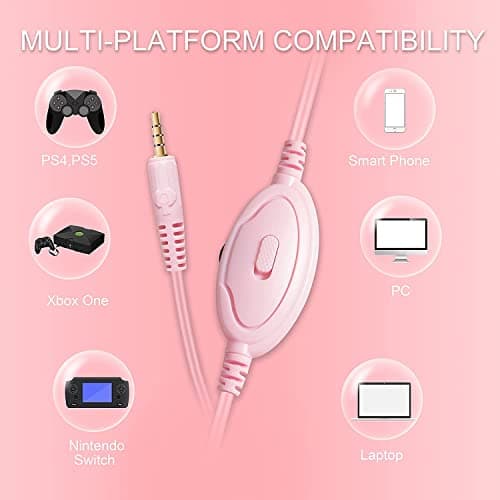Pink Gaming Headset for Nintendo Switch, Xbox One, PS4,PS5, Bass Surround and Noise Cancelling with Flexible Mic, 3.5mm Wired Adjustable Over-Ear Headphones for Laptop PC iPad Smartphones