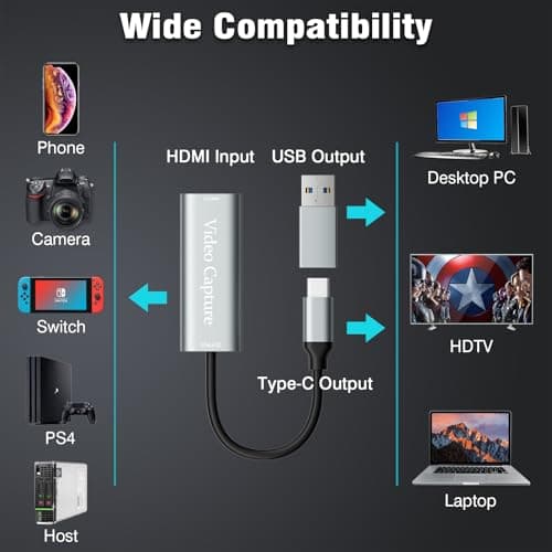 Video Capture Card, USB3.0 HDMI to USB C Capture Card, 4K 1080P 60FPS, Video Recording Card for Gaming Live Streaming, for Windows/Mac OS System with USB C Adapter to Adjust PS4, Switch, Xbox