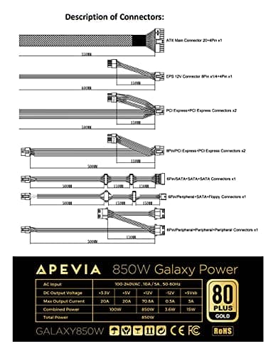 Apevia ATX-GX850W Galaxy 850W (No PCIe 5.0 & Gen 5 12VHPWR Connector) 80+ Gold Certified Active PFC ATX Semi-Modular Gaming Power Supply