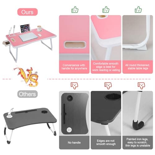 Laptop Bed Table, Laptop Desk for Bed, Foldable Laptop Bed Desk with USB Charge Port, Handle, Desktop Card Slot, Cup Slot, Side Drawer, Portable Laptop Table for Eating Reading Working