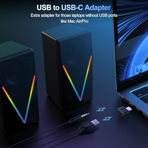 RGB Desktop Speakers with Enhanced Bass, Volume Control & 6 Colorful Lights - USB Powered & 3.5mm Aux Gaming Speakers for Laptop, PC, Tablet, Phone