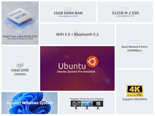 DreamQuest Mini PC Linux Preinstalled, Intel N150 (up to 3.6GHz) Mini Desktop Computers 16GB DDR4 512GB SSD, USB C, DP, HDMI, USB 3.2, Dual LAN,WiFi, Bluetooth, Support 4K 60Hz, Support Windows 11 Pro