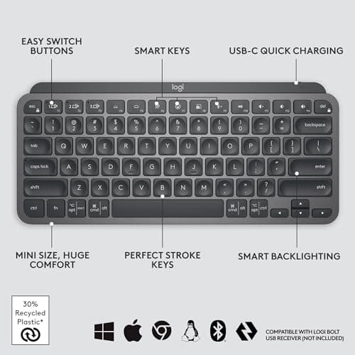 Logitech MX Keys Mini Minimalist Wireless Illuminated Keyboard, Compact, Bluetooth, Backlit, USB-C, Compatible with Apple macOS, iOS, Windows, Linux, Android, Metal Build - Graphite
