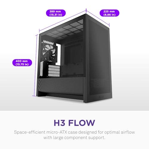 NZXT H3 Flow – Micro-ATX PC Case – Optimized Airflow – Includes 1 x 120mm Rear Fan – Supports Full-Sized GPUs – Fits 280mm Front, 240mm Top Radiator – Back-Connect Motherboard – Black