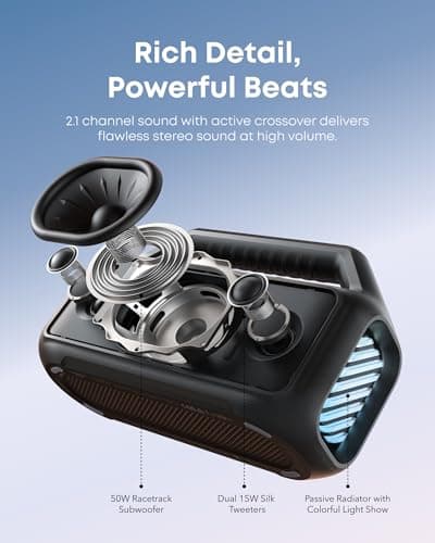soundcore Boom 2 By Anker, Outdoor Speaker, 80W, Subwoofer, BassUp 2.0, 24H Playtime, IPX7 Waterproof, Floatable, RGB Lights, USB-C, Custom EQ, Bluetooth 5.3, Portable for Camping, Beach, and Backyard