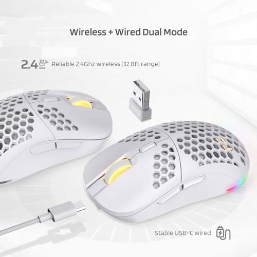 LTC WHM-001 Mosh Pit Wireless Gaming Mouse, 10,000 DPI 2.4Ghz/ Wired RGB Ambidextrous Mice w/Lightweight Honeycomb Shell, Ergonomic Shape for Right or Left Hand Use, for PC/Mac/Laptop, White