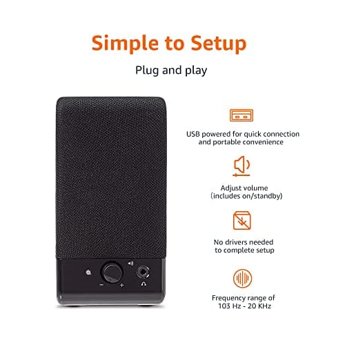Amazon Basics USB-Powered Computer Speakers for Desktop or Laptop PC with Volume Control, Plug-N-Play, Black