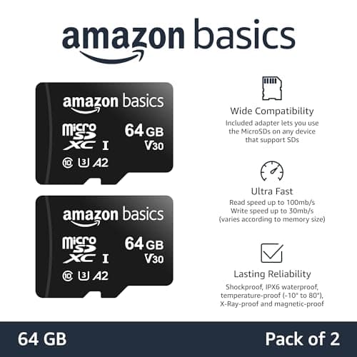 Amazon Basics MicroSDXC UHS-I Class 10 Memory Card with Full Size Adapter, A2, U3, V30, 4K, Read Speed up to 100 MB/s, 64 GB (2pack), for GoPro Cameras Storage, Black