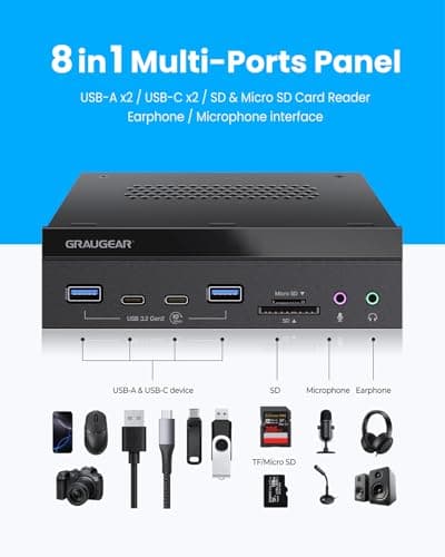 GRAUGEAR 5.25 Inch 10Gbps USB 3.2 PC Front Panel Card Reader with Audio Ports, SD/microSD Internal Card Reader, USB3.2 Type-E Key-A 20-Pin Header & USB3.0 Header & 15-Pin SATA Power Connector Required