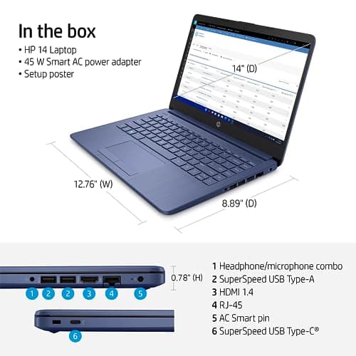 HP Portable Laptop (Include 1 Year Microsoft 365), 14’’ HD Display, 16GB RAM, 64GB eMMC, Intel Quad-Core N4120, Student and Business, Webcam, HDMI, Wi-Fi, RJ-45, Windows 11 Home, Grayish Blue