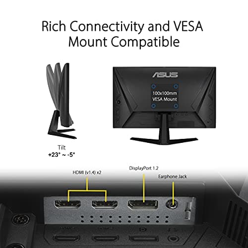 ASUS TUF Gaming 24” 1080P Monitor (VG247Q1A) - Full HD, 165Hz (Supports 144Hz), 1ms, Extreme Low Motion Blur, Adaptive-sync, FreeSync Premium, Shadow Boost, Speakers, Eye Care, HDMI, DisplayPort