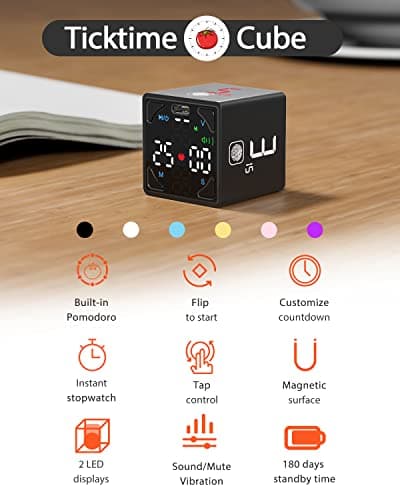 Pomodoro Timer Cube, Productivity Timer, Pause & Resume, Silent, Vibrate & Adjustable Sound Alert, for ADHD, Task, Work, Study, 1/3/5/10/15/25/45/60min & Custom Countdown, Black