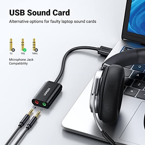 UGREEN USB to Audio Jack Sound Card Adapter with Dual TRS 3-Pole 3.5mm Headphone and Microphone USB to Aux 3.5mm External Audio Converter for Windows Mac Linux PC Laptops Desktops PS5 Switch 2