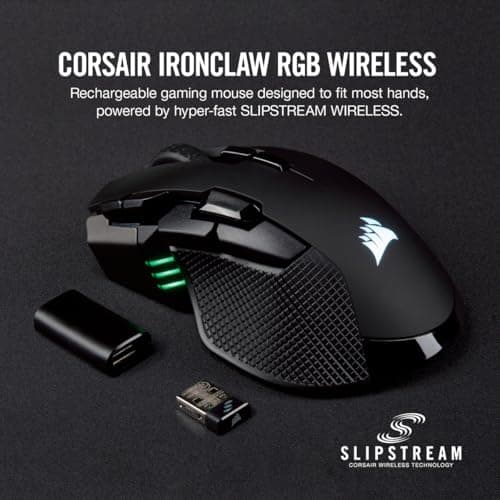 Corsair IRONCLAW WIRELESS RGB Rechargeable Gaming Mouse with Slipstream Technology - 18,000 DPI - 3-Zone RGB Multi-Color Backlighting - Black