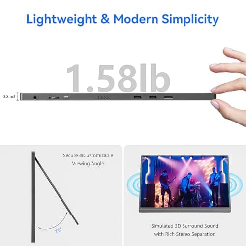 16" Portable Monitor, 1920×1200P IPS Laptop Screen with USB-C, HDMI Gaming Monitor with Kickstand, 0.3" Ultra-Slim for Travel/Office