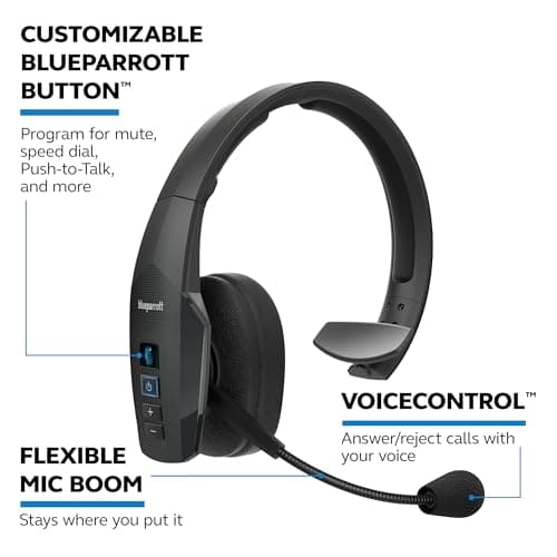 BlueParrott B450-XT Mono Bluetooth Wireless Headphones 96% Noise Canceling Over Head Trucker Headset with Mic, All Day Comfort Padded Headband, 300 ft. Wireless Range, 24 hrs. Talk Time, Black