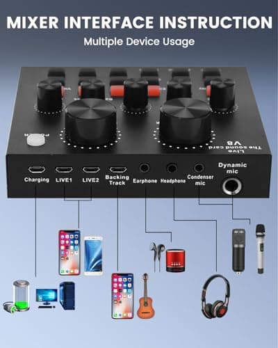 Podcast Equipment Bundle, All-in-One Audio Interface with Studio Condenser Microphone Perfect for Podcasting, Recording, Singing, Streaming and Gaming, PC, Smartphone, YouTube, TikTok (V8)