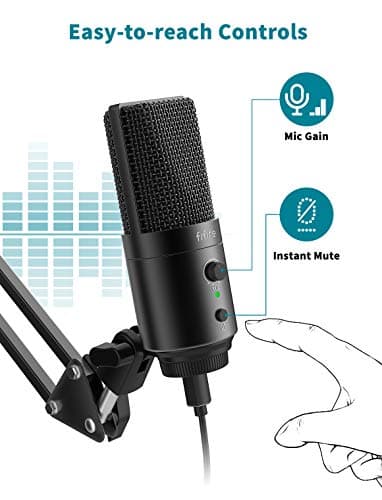 FIFINE USB Desktop PC Microphone with Pop Filter for Computer and Mac, Studio Condenser Mic with Gain Knob Mute Button Headphone Jack for Gaming Streaming Recording YouTube, Extra USB-C Plug-K683A