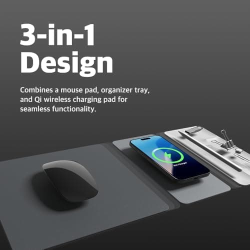 POUT H3 SplitMax 3-in-1 Wireless Charging Mouse Pad – Fast Qi Charger, Mousepad Mat, and Magnetic Tray Organizer – Compatible with Smartphones and Earbuds (Graphite Grey)