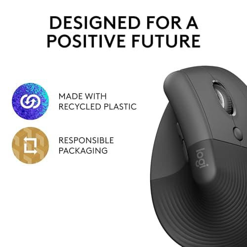 Logitech Lift Vertical Ergonomic Mouse, Wireless Bluetooth or USB Receiver, Quiet Clicks, 4 Buttons, Right Hand Wireless Mouse, Windows/macOS/iPadOS, Laptop, PC - Graphite